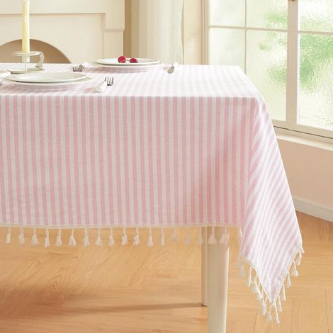 Nappe rayée 140x140cm Rose/Blanc avec franges, mélange coton-lin