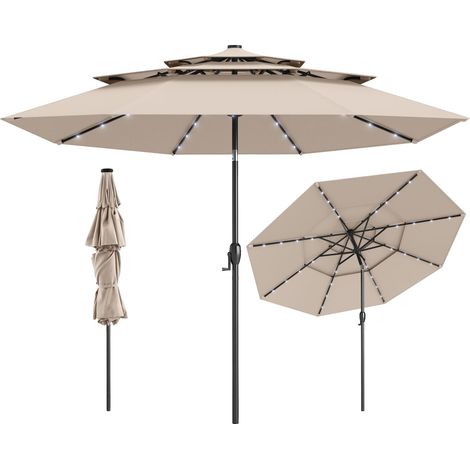 COSTWAY Ombrellone da Patio 313 cm con 32 Luci LED, Tetto Ventilato a 3 Piani, Inclinazioni Regolabili, Manovella, 8 Stecche, Ombrellone da Giardino, Piscina, Spiaggia (Beige)
