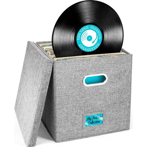 Boîte de rangement décorative pour disques vinyles - Rangement pour plus de 50 disques LP, bacs de rangement avec couvercle, boîte de déménagement pour disques vinyles, caisse de rangement pour protég (1/5)