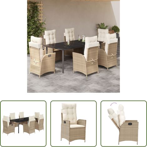 Gartenstuhl - 7-tlg. Garten-Essgruppe mit Kissen Beige Poly Rattan (1/5)