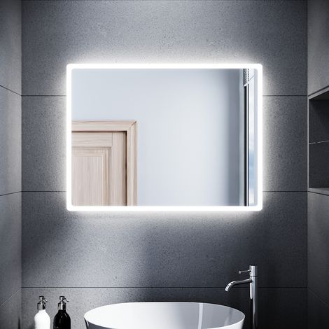 SONNI Specchio da Bagno Illuminato a LED Specchio da Parete da Bagno Moderno Bianco Freddo Impermeabile IP44 a Risparmio Energetico 80 x 60cm (1/5)