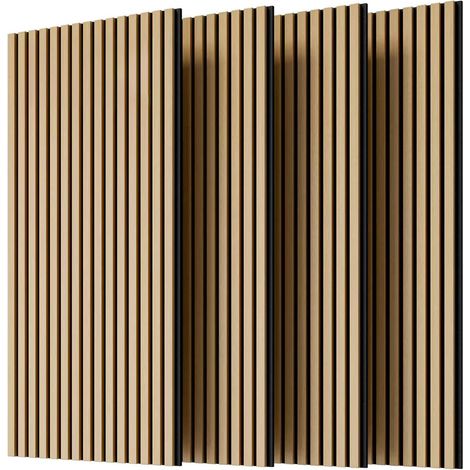 Panneaux muraux à lattes en bois, lot de 4 panneaux acoustiques à lattes en bois pour murs et plafonds - Panneau 3D cannelé absorbant le son, entièrement recouvert de finition bois sur trois côtés - 1