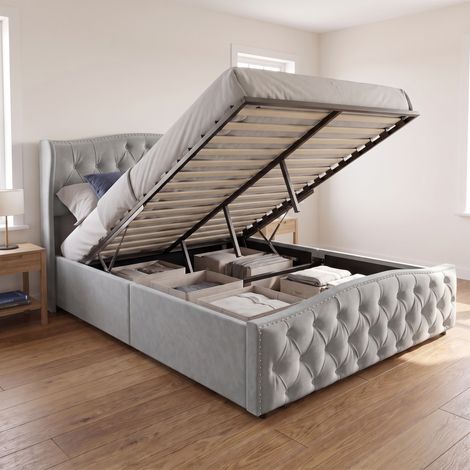 Lit coffre 140x190 cm en velours, lit double adulte avec sommier, rangement hydraulique, style élégant, Gris