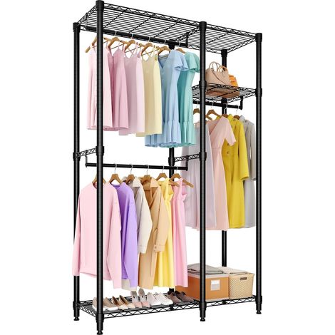 Portant à vêtements en métal robuste – 3 tringles & étagères réglables – Rangement autoportant grand capacité – Chambre, dressing, entrée – 2 combinaisons, noir, 2x3 étages (1/5)