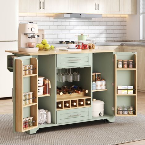 Carro de cocina con encimera abatible, botellero y ruedas 138x45/70x92 cm verde OKWISH (1/5)
