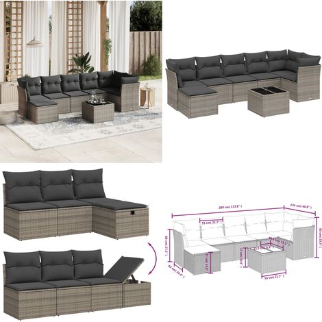 Salon de jardin 8 pcs avec coussins gris résine tressée - Ensemble Salon De Jardin - Mobilier De Jardin - Canapé D'extérieur - Résine Tressée - Rotin Synthétique - Home & Living (1/5)