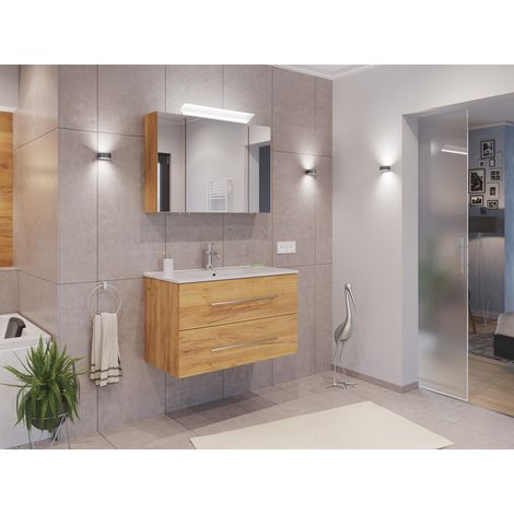 Badmöbel Set Firenze 80 2tlg. Spiegelschrank Softclose eiche gold
