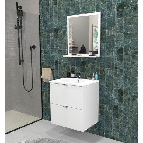 Waschbeckenunterschrank mit 2 Schubladen MALAGA 60 cm + Waschbecken + Spiegel / Weiss/