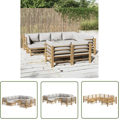 The Living Store Salon de jardin 10 pcs avec coussins gris clair bambou - Salon De Jardin - Mobilier De Jardin - Ensemble De Salon - Ensemble De Meubles De Jardin - Bamboo Furniture (1/5)