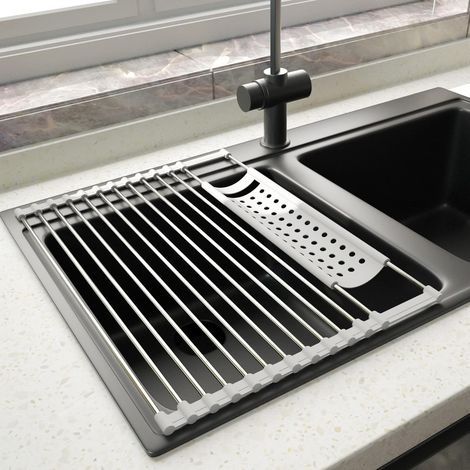 Stainless Steel Kitchen Dish Drainer Foldable and Removable Stainless Steel Roller Drying Rack for Sink Draining Mesh Basket 43CM35CM Gray (1/5)