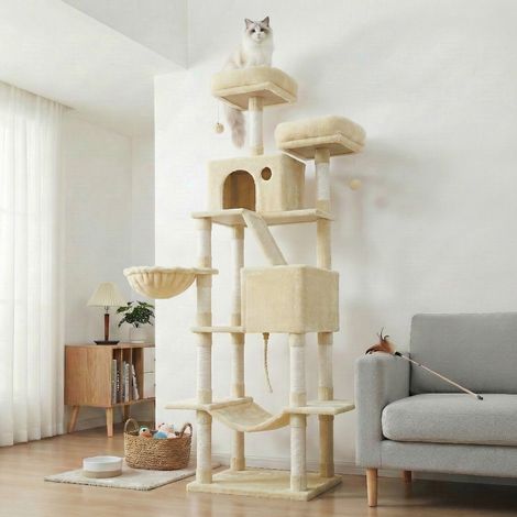 Arbre à Chat, Hauteur 203,5 cm, 2 Plate-forme, 13 Griffoirs, Panier, Hamac, 2 Niches, Pompon, Tissu Peluche, Beige (1/5)