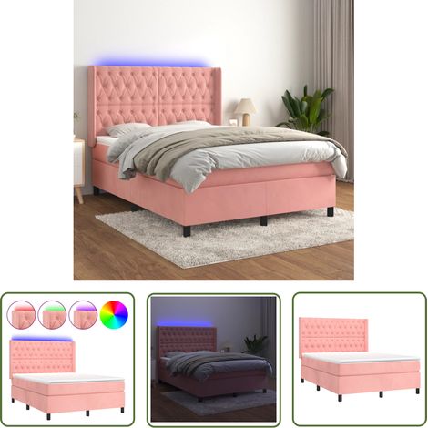 The Living Store Boxspringbett mit Matratze & LED Rosa 140x200 cm Samt - Boxspringbett - Samtbett - Kinderzimmer - Jugendzimmer - Doppelbett (1/5)