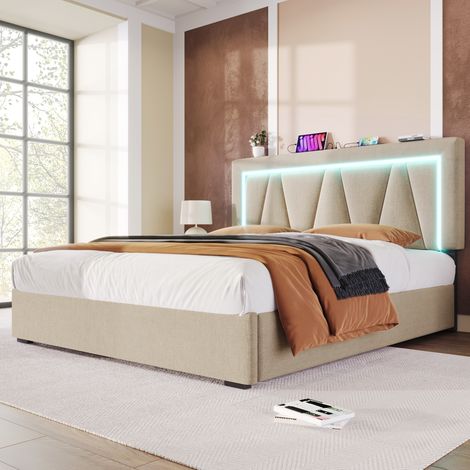 Lit coffre 140/200 cm beige en lin avec LED, USB et tête de lit réglable (1/5)