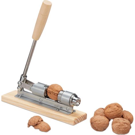 Relaxdays Retro Nussknacker Holz, Nutcracker, größenverstellbar, kraftsparend Nüsse öffnen, Hebel, Metall, silber/natur (1/5)