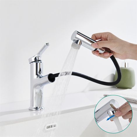 DETBOM Grifo de Baño con Ducha Extraíble Grifo Mezclador para Lavabo con 2 Chorros Grifo Mezclador Cromado para Baño