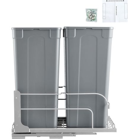 Poubelle coulissante double 50 QT, bac à déchets sous évier avec kit porte et fermeture douce, gris (1/5)