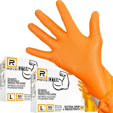 R Move Guantes de Nitrilo Naranja de Trabajo sin Polvo Full Grip 8,5 Gr Talla XXL - 50 Ud