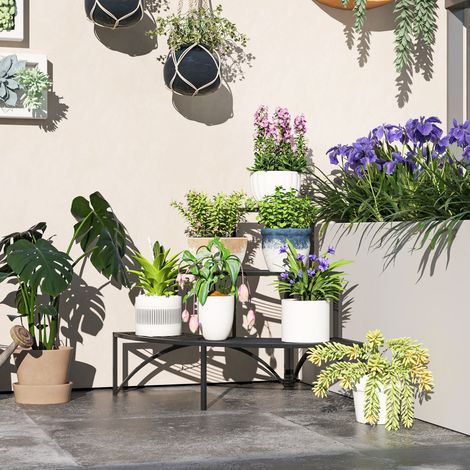 Stand de plantes d’angle - noir - pour l’intérieur et l’extérieur - support pour pot de fleurs - support de fleurs à 3 niveaux - métallique (1/4)