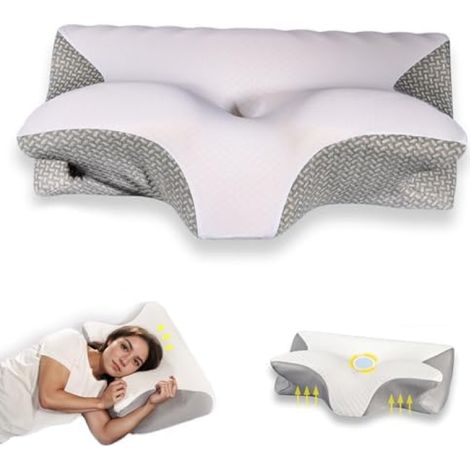 Oreiller en coton à mémoire de forme à rebond lent, cervical, pour dormir sur le côté, corne de papillon [Gris] (1/5)