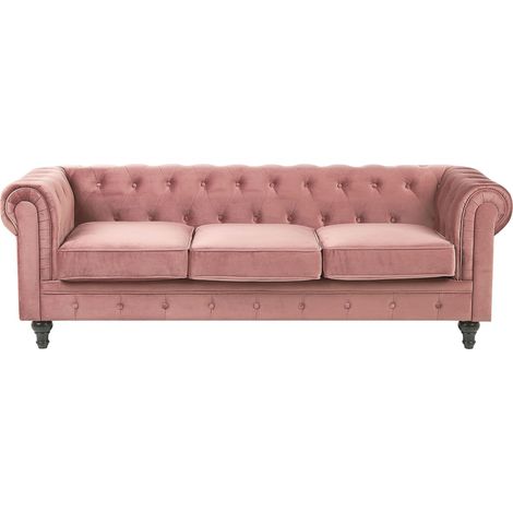 Canapé 3 Places en Velours Rose Assise Rembourrée Large Dossier Points Chesterfield