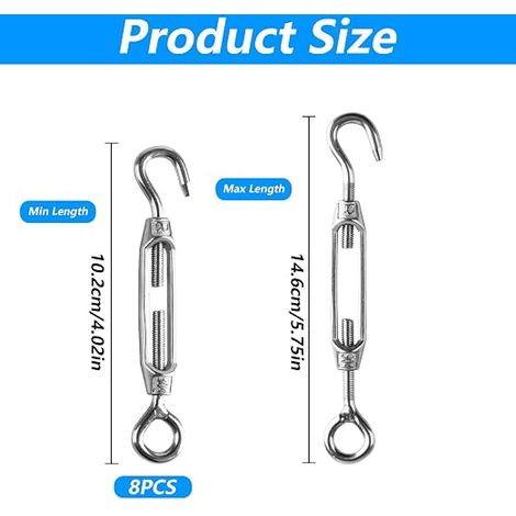 M4 Wire Rope Tensioner Wire Rope Tensioner Stainless Steel M4 Hook and Eye Tensioners Adjustable Wire Tensioner Canopy for Garden Wire Fence Tensioner (1/4)