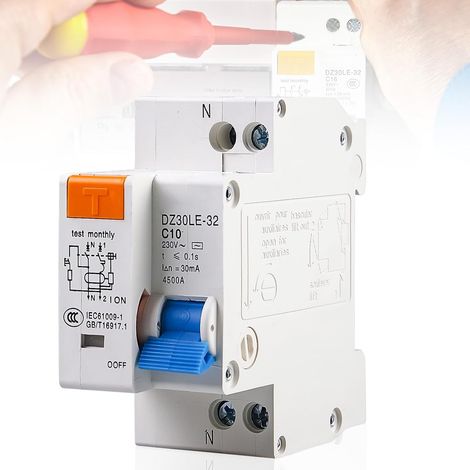 Interrupteur de protection différentielle, montage sur rail DIN 1P+N, protection contre les surcharges, interrupteur différentiel à courant résiduel, AC 230 V, 30 mA avec protection contre les (1/5)