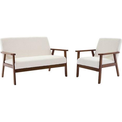 sweeek - 2-Sitzer-Banksofa und Sessel mit Bouclé-Stoff, Füße in nussbaumfarben hell