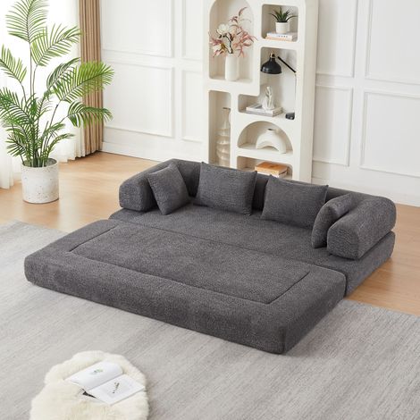Canapé convertible 2 places 4 en 1 200x95x68 cm modulable, dossier réglable, sans montage, base antidérapante, 4 coussins, chenille gris (1/5)