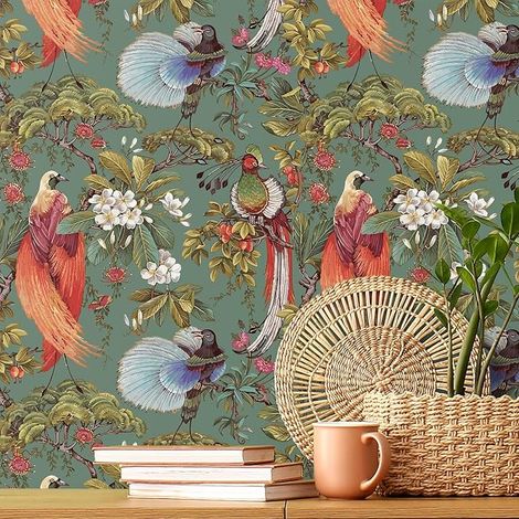 Papier Peint Fleuri Oiseaux Oriental Papier Peint Floral Chinoiserie Gris Vert 44.5cm × 300cm Stickers Meuble Vintage Adhesif Mural Decoratif Chambre Vinyle Adhesif Salle de Bain Armoire (1/4)