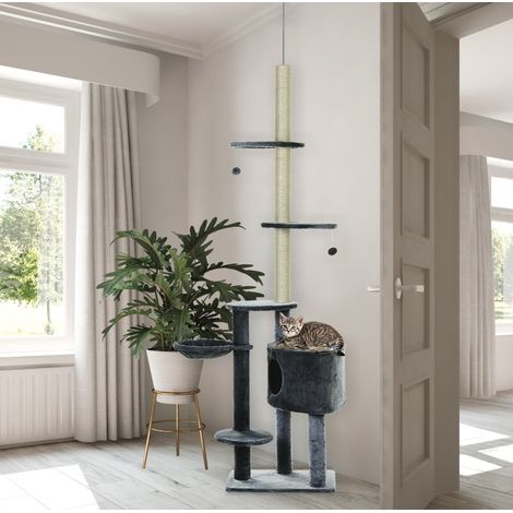 Albero tiragraffi regolabile 220-265 cm con amaca, nicchia, piattaforme e palline, grigio scuro (1/5)
