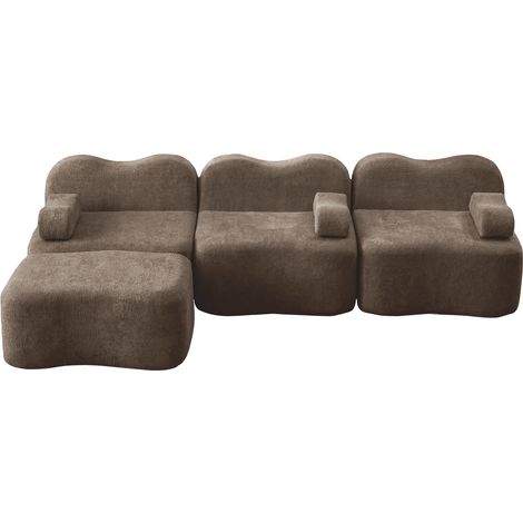 Divano modulare angolare a L 3 posti con 1 pouf, schiuma 32D, velluto marrone (1/5)