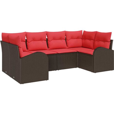 Gartensofa-set mit Kissen 6 pcs Braun und Rot Poly-Rattan vidaXL