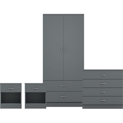 Riano 4 Piece Bedroom Set (1 Drw Bedside Chest, 4 Drw Chest, 2 Door 2 Drw Wardrobe), Grey (1/3)