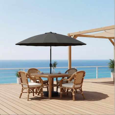 Parasol de jardin inclinable Ø257 cm avec manivelle, toile polyester imperméable, 18 baleines en fibre de verre, gris foncé (1/5)