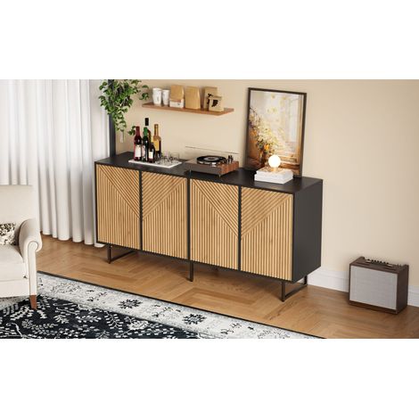 Comblant de salon (taille : 160 x 40 x 75 cm), avec 4 portes. Meuble de rangement en bois naturel, de couleur noire. Tiroir avec 3 pieds de soutien. Largeur : 160 cm. (1/5)