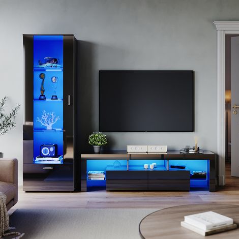 ELEGANT High Gloss 1600mm TV Stand Cabinet Sideboard Display Cabinet with RGB LED Lights Storage Unit Black Living Room Set 5 (1/5)