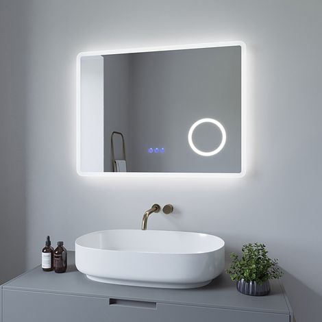 LED Badspiegel Beleuchtet mit Kosmetikspiegel 80x60cm BORAS Typ D Touch Sensor Dimmbar Antibeschlag Kaltweiß 6400K Warmweiß 3000K (1/5)