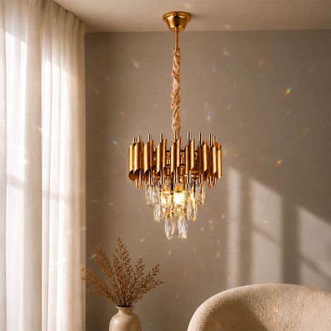 Lustre Cristal 3XE14 Diametre 30 Dore Hauteur Reglable Metal (1/5)
