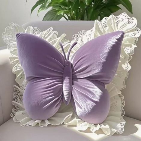 Coussin Lombaire Forme Papillon - Velours avec Bordure Dentelle - Pour Canapé Lit Chaise Bureau Siège Auto - Violet - 45 x 40 cm - 1 Pièce (1/5)