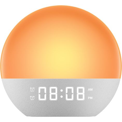 Réveil lumineux simulateur d'aube, machine à bruit blanc 30 sons apaisants, veilleuse à intensité variable, aide au sommeil, fonction snooze, minuterie, alarme puissante (1/5)