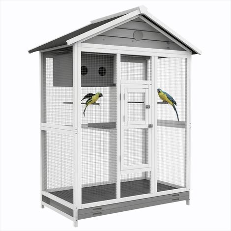 Cage pour oiseaux Cage à oiseaux avec perchoirs gris en bois (1/5)