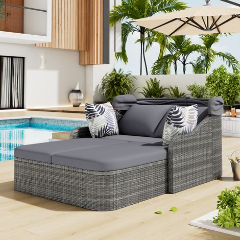 Canapé lounge 2 places en rotin PE avec auvent ajustable, salon de jardin double toute saison, transat en osier gris avec 4 coussins lavables, housses amovibles pour extérieur, piscine ou jardin.