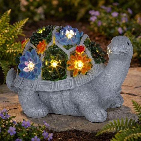 Solarleuchte Schildkröte Gartenfigur Deko Gartenleuchte grau Blumen bunt Balkon, IP44, Akku, Kunststoff, 1x LED, LxBxH 26x14,8x17 cm