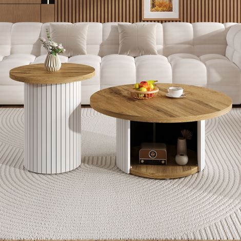 Set di 2 tavolini da caffè impilabili tondi in legno, 75x35 cm e 45x50 cm, tavolino da divano, set di 2 tavolini d'appoggio, con spazio di stoccaggio, stile scandinavo multifunzionale per soggiorno
