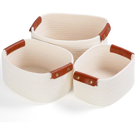 Lot de 3 Panier Rangement, Coton Tressé, Poignées en Cuir, Design Rectangulaire, Pour Salle de Bain, Cuisine, Chambre (1/5)