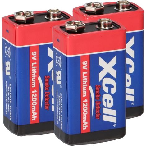 3x XCell Lithium 9V Block Hochleistungs- Batterien für Rauchmelder / Feuermelder - 10 Jahre Batterie Lebensdauer (1/5)