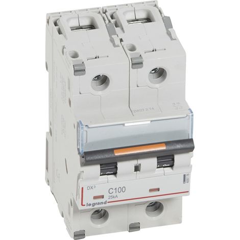 Disjoncteur DX³ 25kA arrivée haute et départ bas à vis 2 Pôles de 230V à 400V 100A courbe C 3 modules LEGRAND 409776