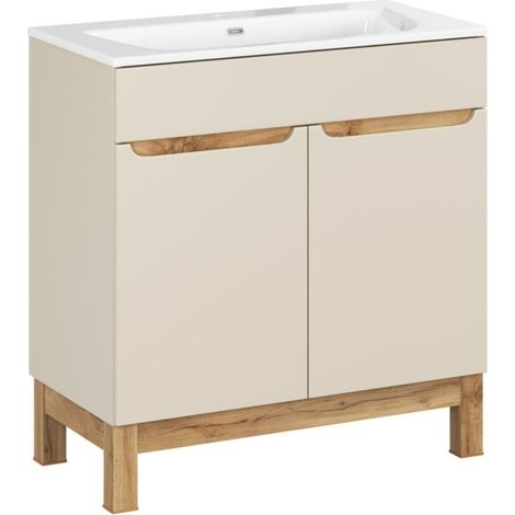 Badezimmer-Set ERMANO Kaschmir und Eichenoptik 80cm: Waschtischunterschrank + eingelassenes weißes Waschbecken