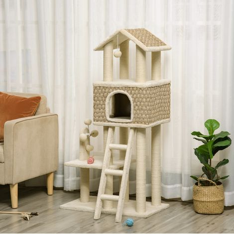 Arbre à chat 131 cm avec niche, balles de jeu et poteaux en sisal, structure en panneau de particules, revêtement peluche kaki, pour chats jusqu’à 5 kg  CHICFURN (1/5)