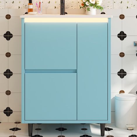 Meuble salle de bain sur pied 61cm Bleu avec vasque céramique - meuble sous vasque 2 tiroirs 1 porte laqué - scandinave (1/5)